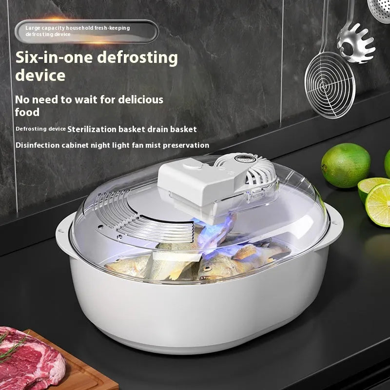 Aluminium household quick defrosting plate device with separate board and USB cable on a kitchen counter.