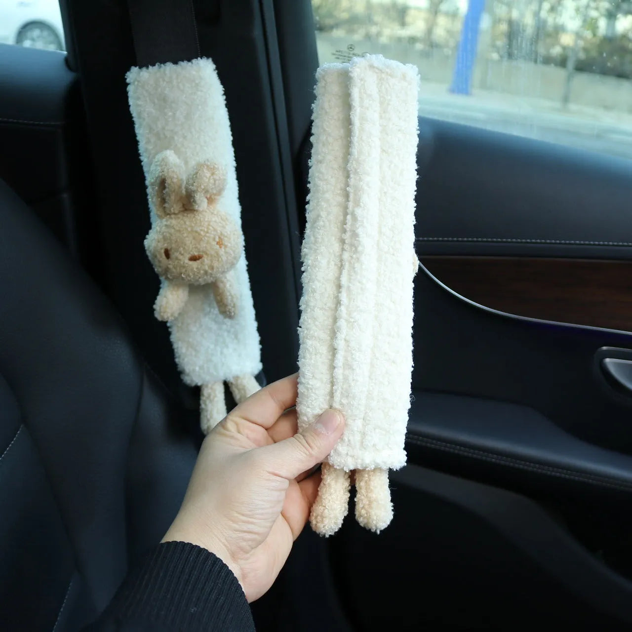 Cartoon lamb wool car seatbelt shoulder protector in rabbit and bear designs