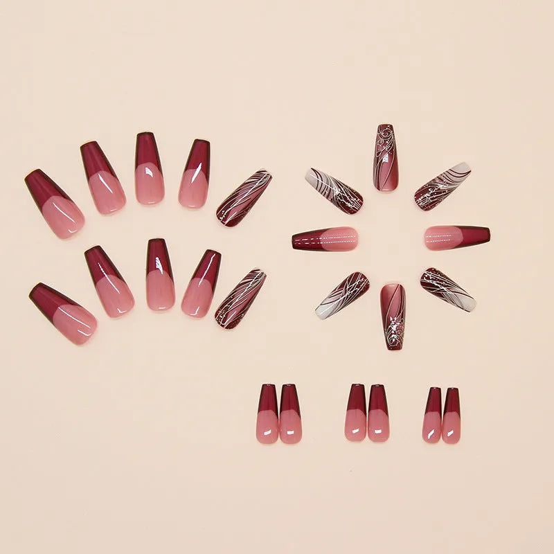 24 false nails with French line pattern and adhesive glue tube