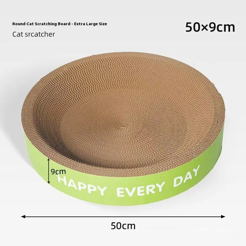 Green round corrugated cardboard cat scratching board nest for scratching and sleeping.