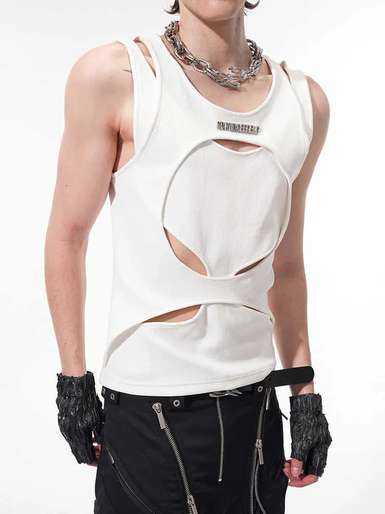 Men's black sleeveless waistcoat with hollow knit construction and round neckline