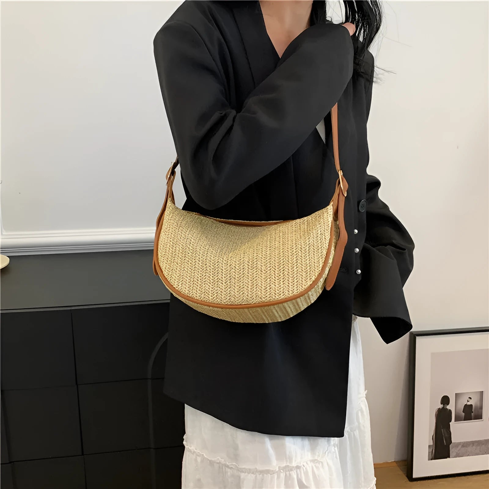Women's straw woven crossbody bag with phone compartment and file storage in multiple colours