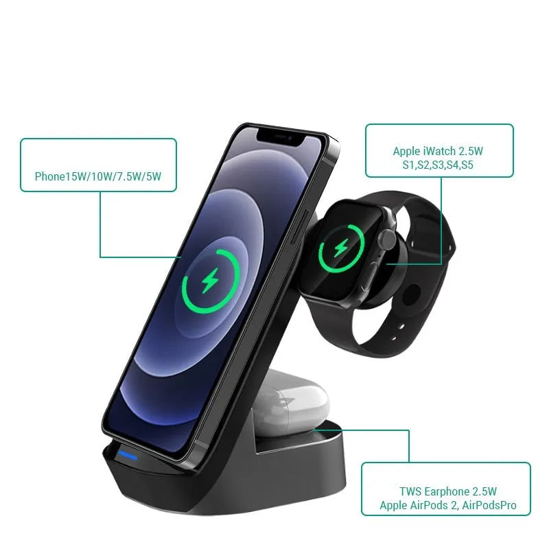 Black grey foldable 3-in-1 wireless charging vertical stand for mobile phone, Apple Watch and earbuds case