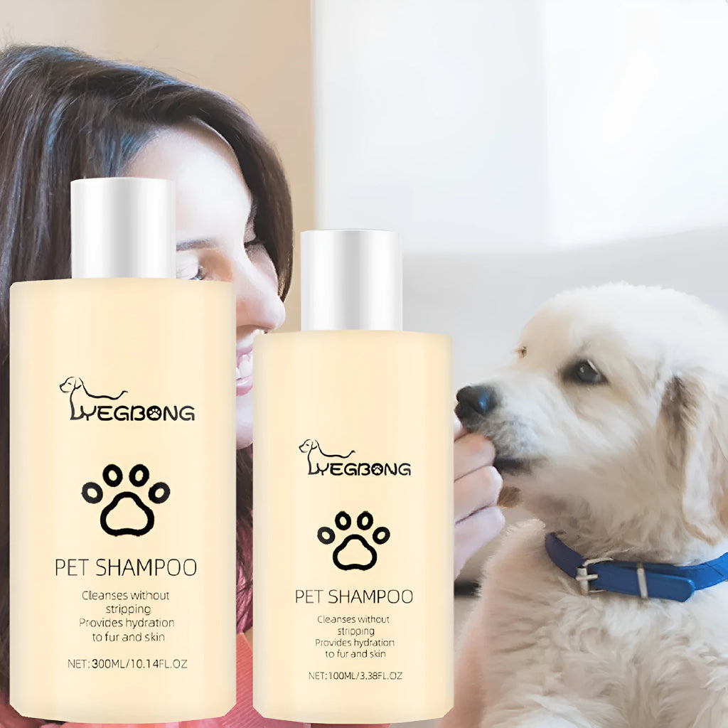 Bottle of mild dog shampoo for softening and detangling hair, shown in 100ml and 300ml sizes.