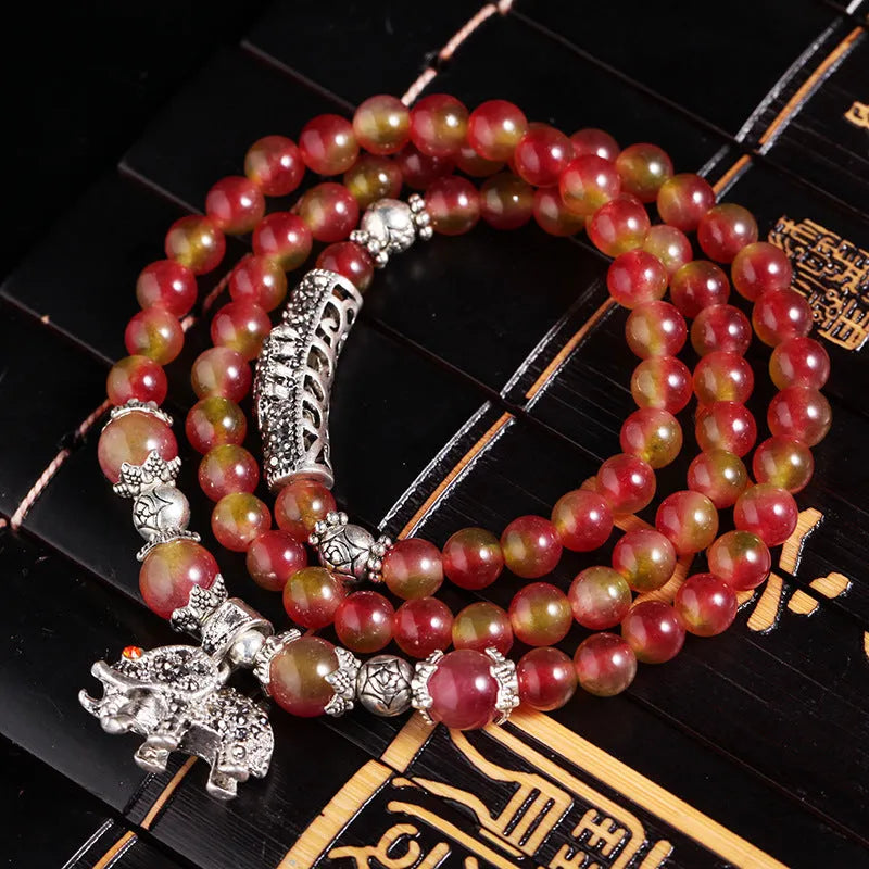 Handmade watermelon crystal bracelet with Chinese knot and geometric beads