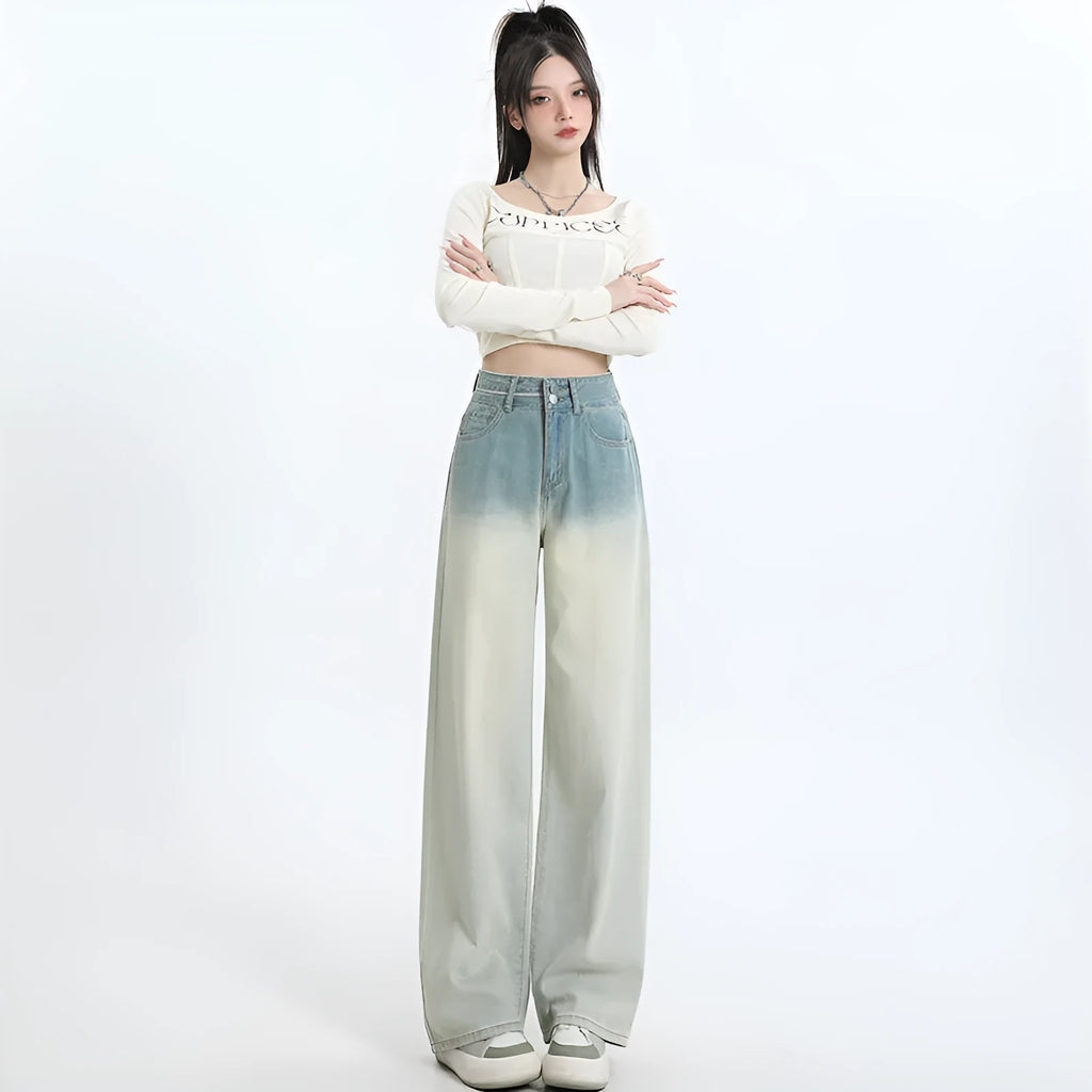 Gradient blue denim straight-leg pants with wide leg style for women