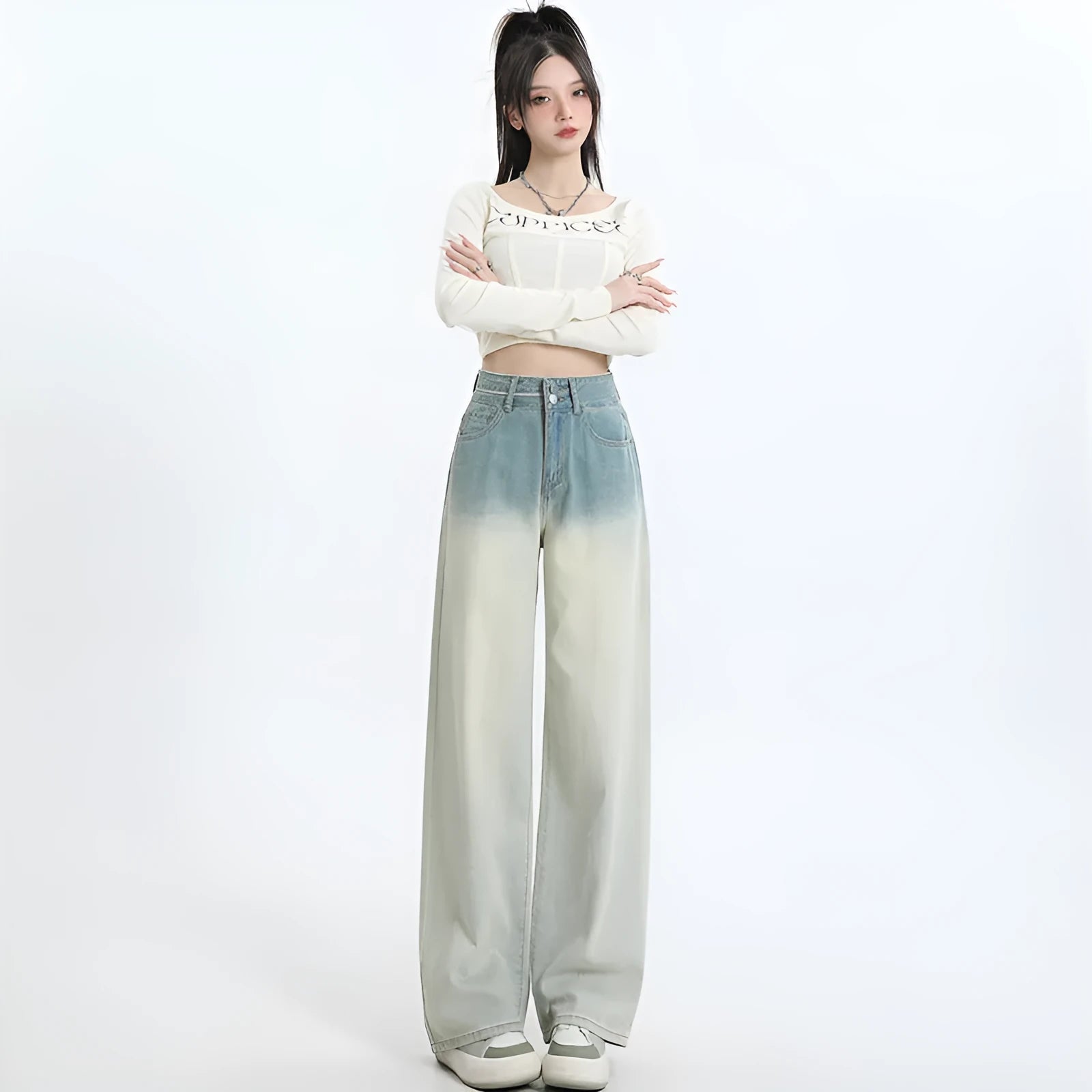 Gradient blue denim straight-leg pants with wide leg style for women