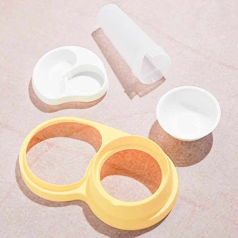 Grey and yellow PP material pet dual bowl feeder with ceramic food bowl and automatic water
