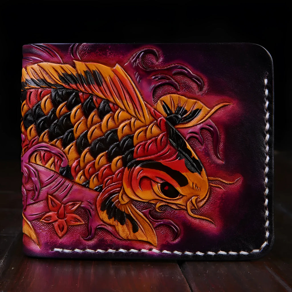 Men's cow leather wallet with carving detail in red, blue or gold colours showing open closure and compact size