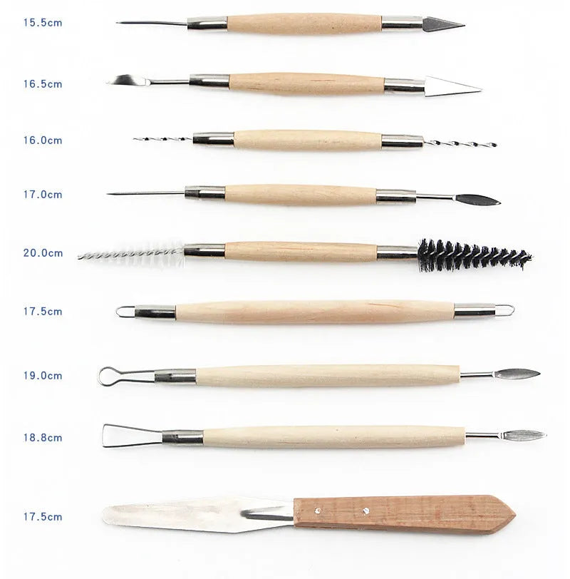 27-piece brown pottery clay tool set with stainless steel, wood, and plastic instruments in a roll bag.