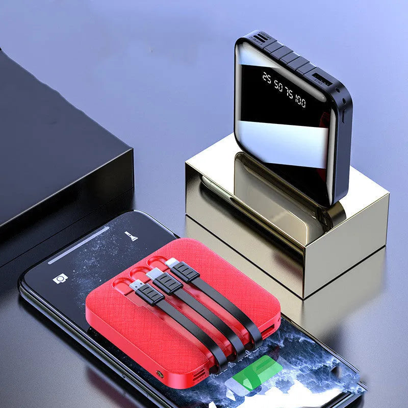 Square black and red power banks with a built-in charging cable, showing compact 80mm size.