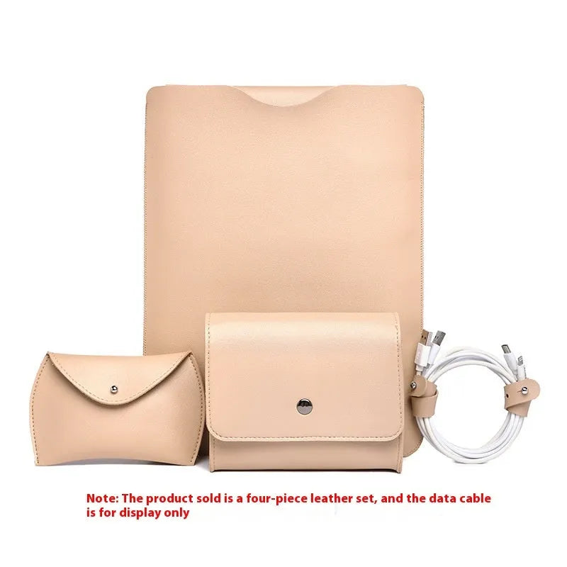 Four imitation leather corner protectors for MacBook Pro in apricot, brown, grey, and light pink colours