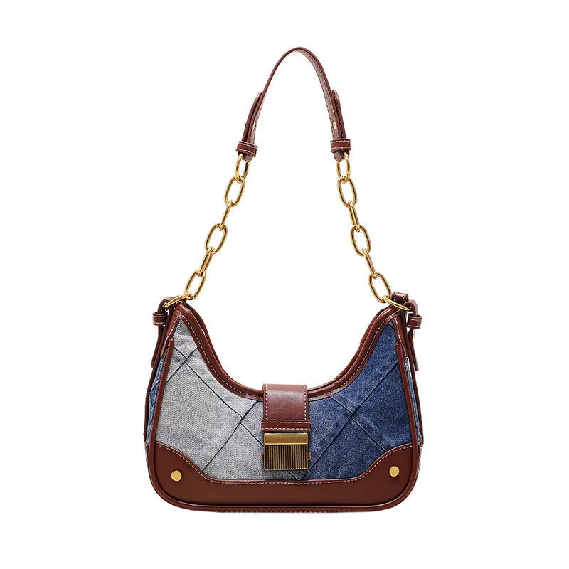 Brown denim women's shoulder bag with diamond mesh detailing and chain accents