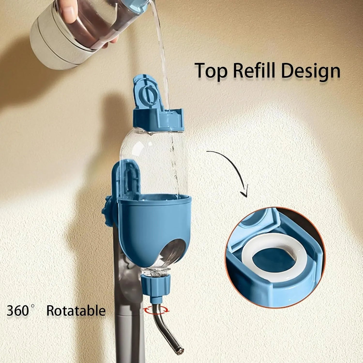Blue small animal water bottle with rotatable nozzle attached to cage wire