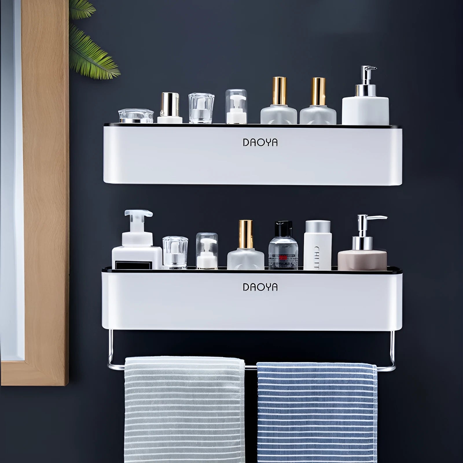 Plastic bathroom wall shelf with hole-free installation for shampoo and cosmetic storage