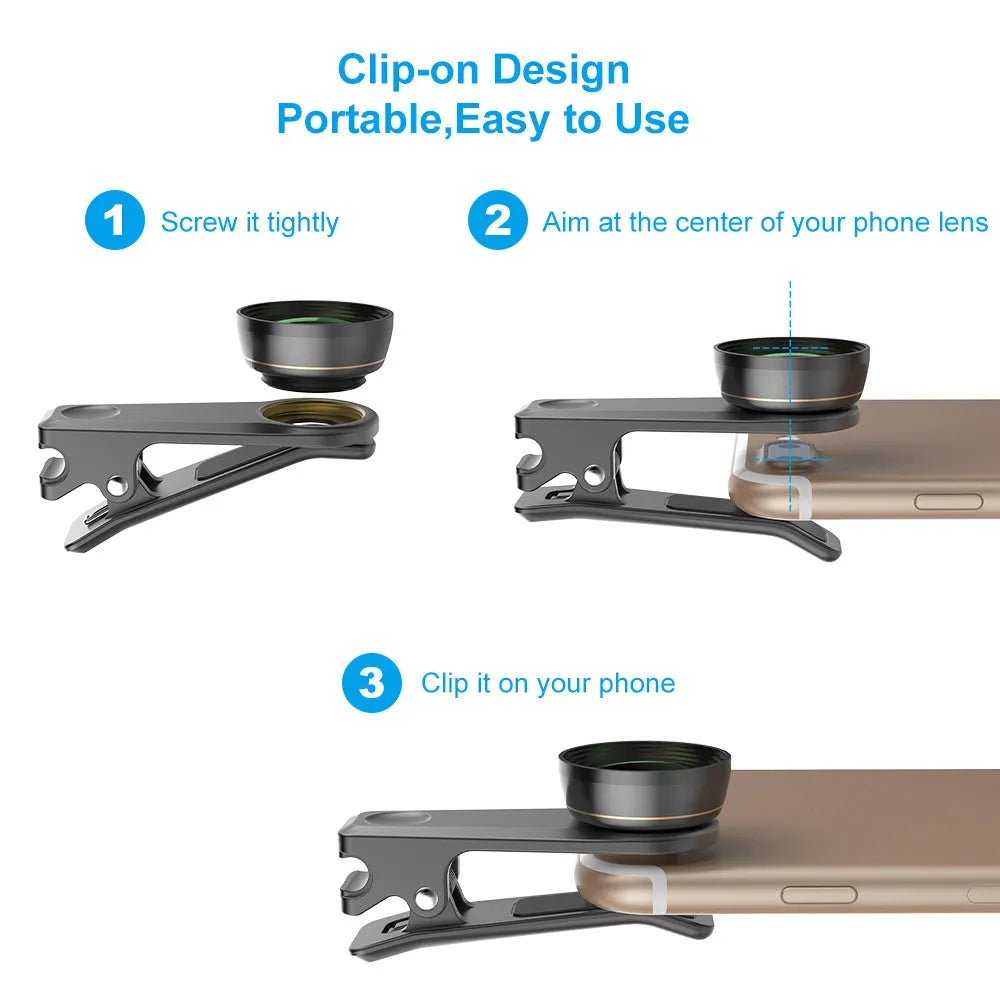 Black 6-in-1 smartphone camera lens kit with universal clip attachment showing fisheye, macro, wide-angle and telephoto lenses