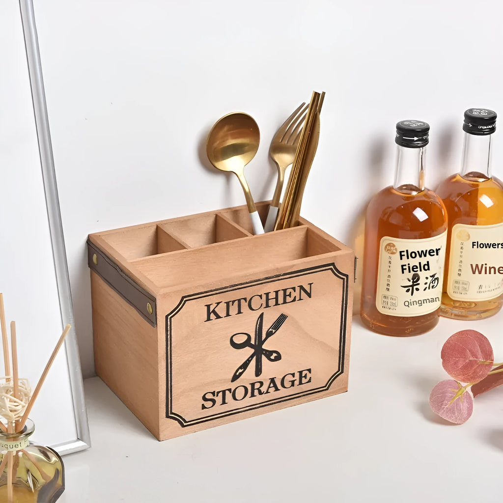 Wooden kitchen storage box with grid compartments for knives forks chopsticks