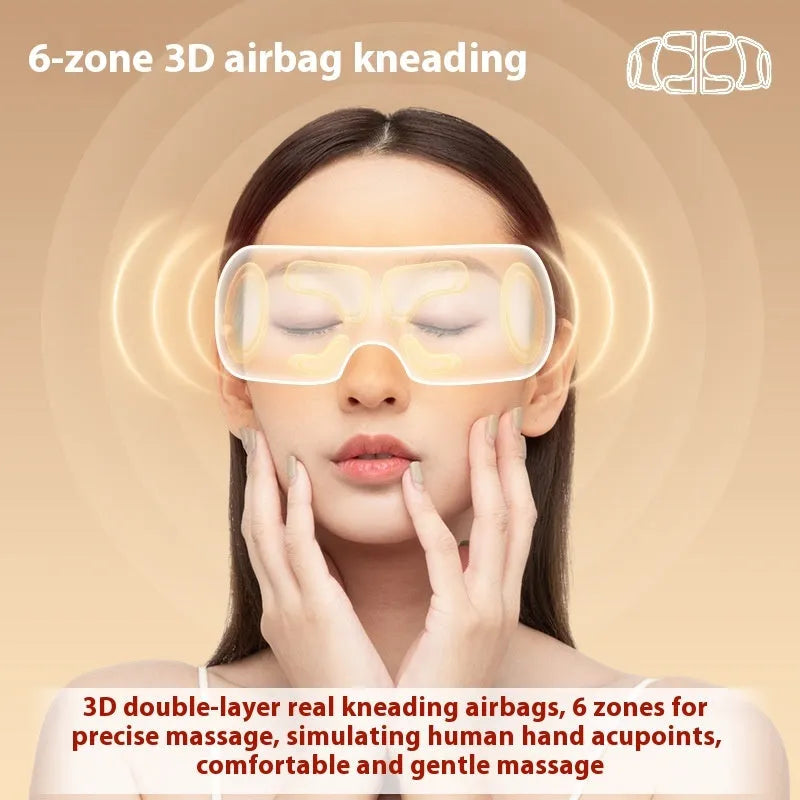 White rechargeable eye massager with airbag compression and heat therapy functions