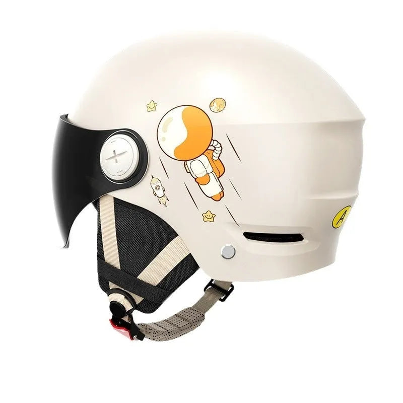 Khaki coloured electric motorcycle half helmet with ABS construction shown with different lens options