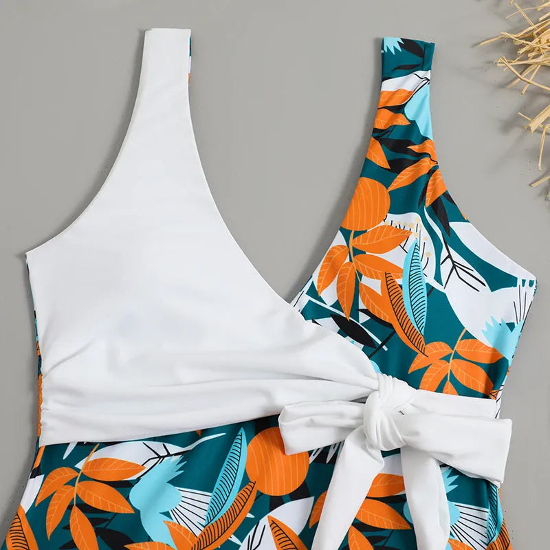 Women's high-waist one-piece bikini swimsuit in printed polyester fabric