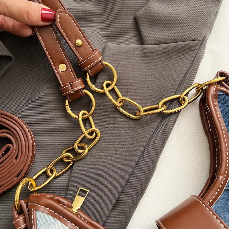 Brown denim women's shoulder bag with diamond mesh detailing and chain accents