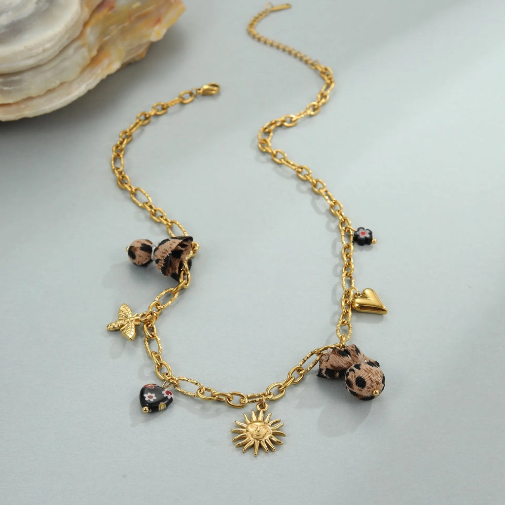 Stainless steel necklace with leopard pendant and love heart flowers design on adjustable chain