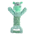 Plush squeaky dog toy with crinkle paper and a handle for tug-of-war play.