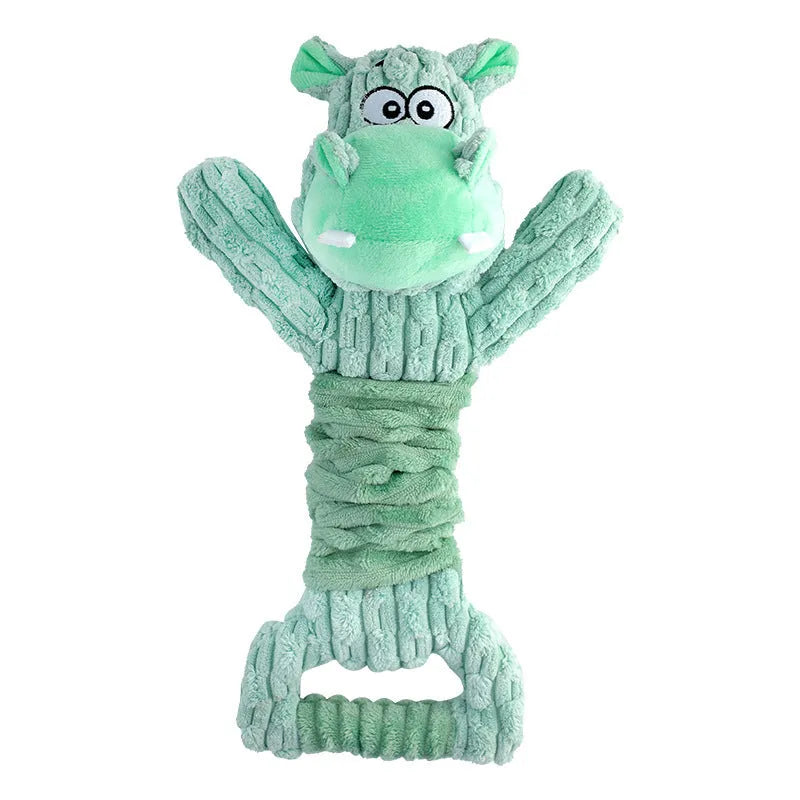 Plush squeaky dog toy with crinkle paper and a handle for tug-of-war play.