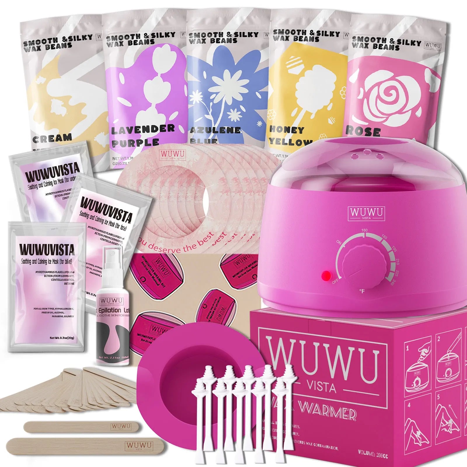 Black and pink professional waxing kit with warmer, hard wax beans, lotion, and application tools laid out.