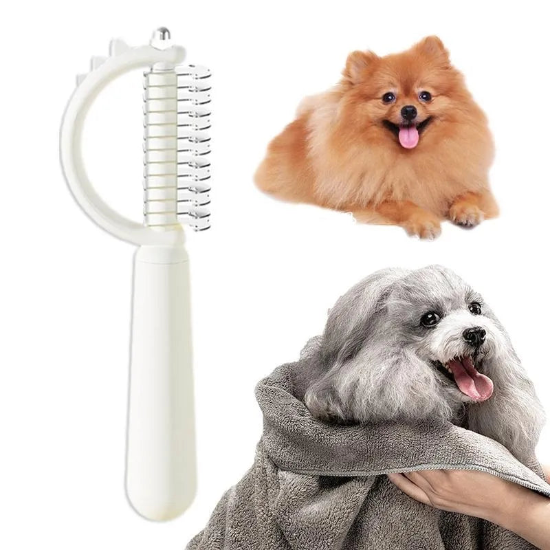 Blue dinosaur-shaped pet brush with a self-cleaning button and double-sided stainless steel bristles.