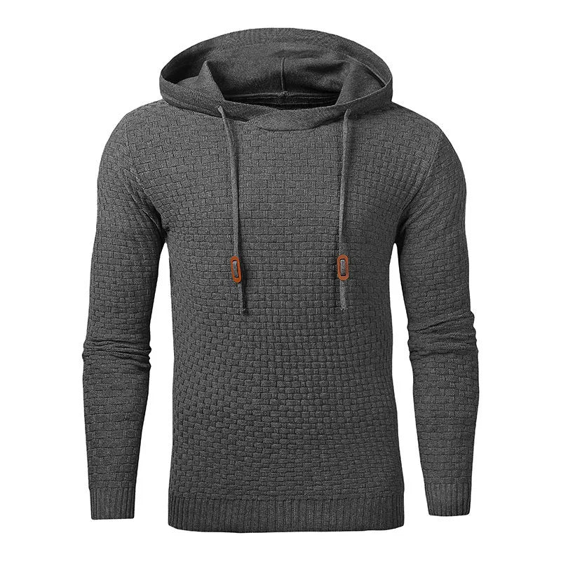 Men's black cotton-polyester hooded sweatshirt on a hanger, size label visible.