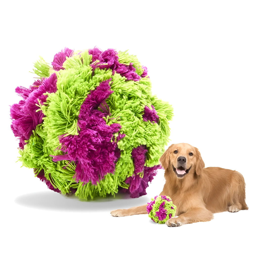 Purple plush seaweed ball dog chew toy for teething and interactive play