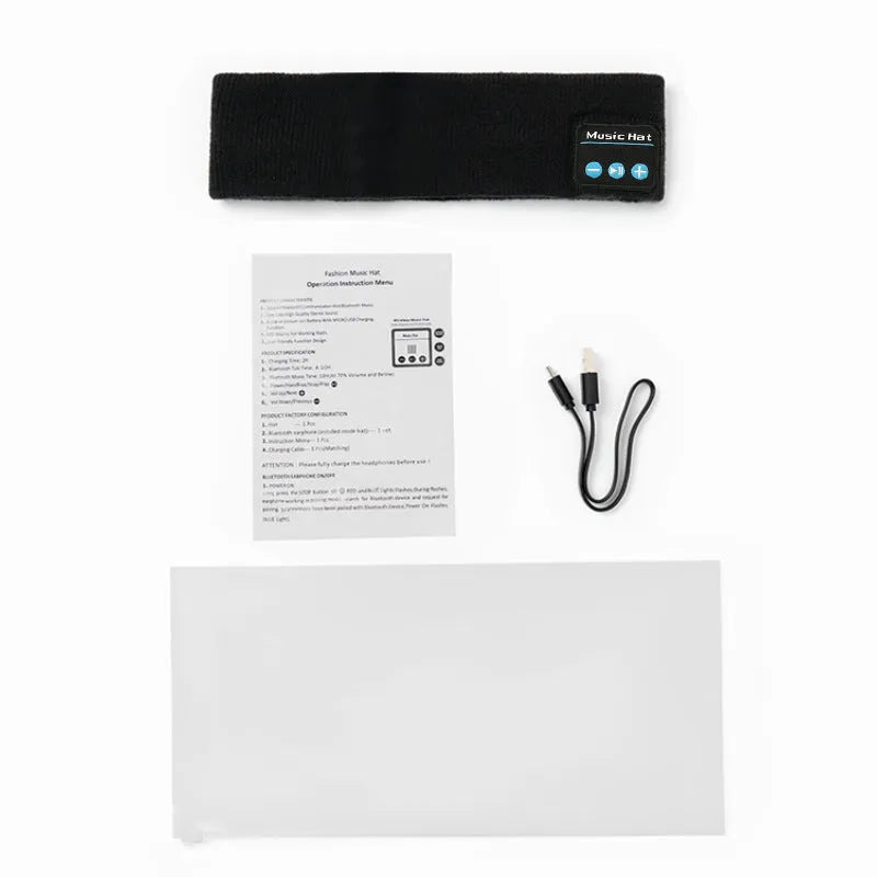 Bluetooth 5.4 sports headband in black with removable washable band and storage bag