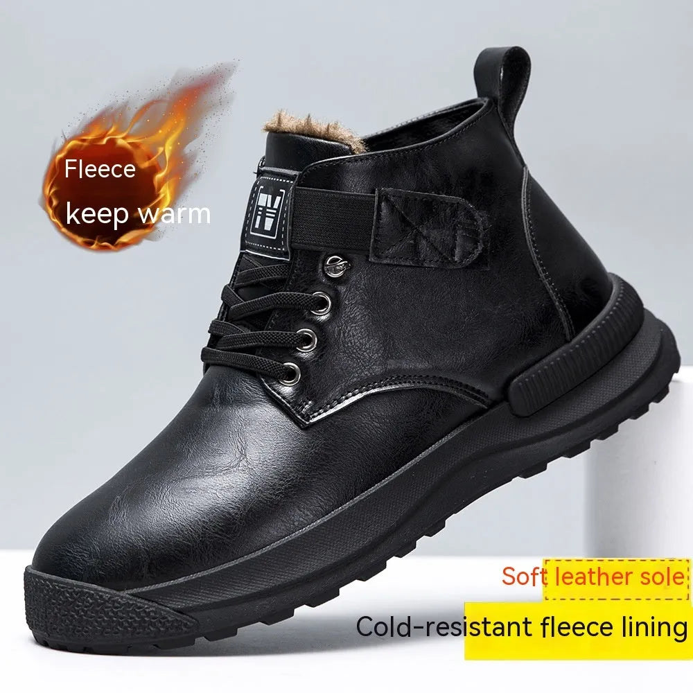 Men's black high-top platform Martin boots with velvet and PU upper on a rubber sole.