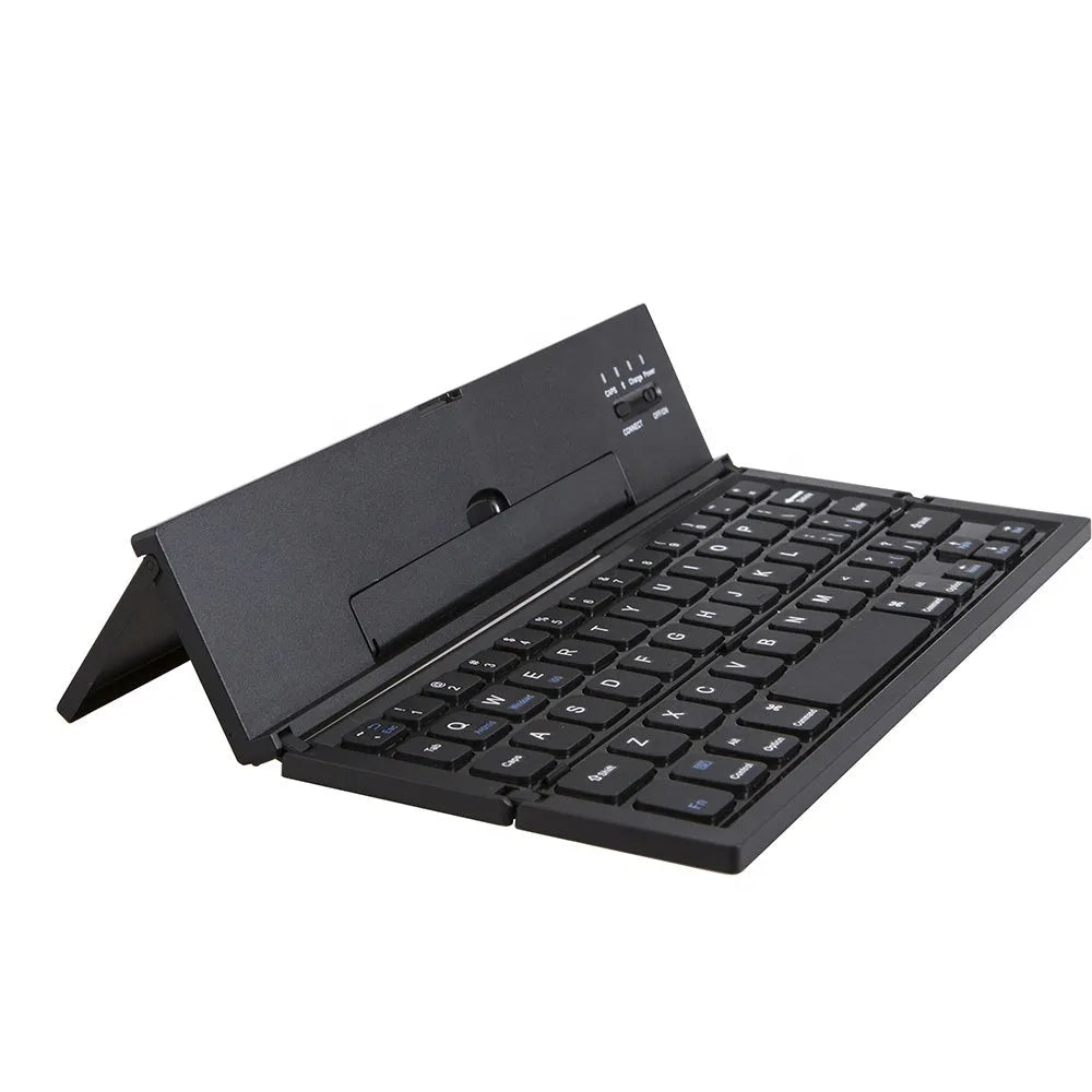 Black mini folding Bluetooth keyboard shown open next to a tablet, displaying its compact 5.8-inch size and aluminium bottom.