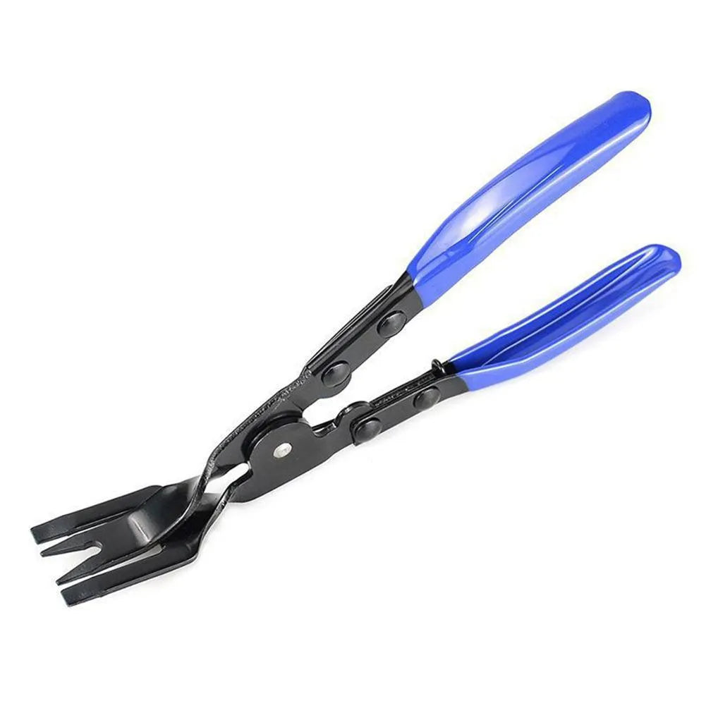 Blue steel automotive clamp removal pliers tool with 235mm length on a workbench.