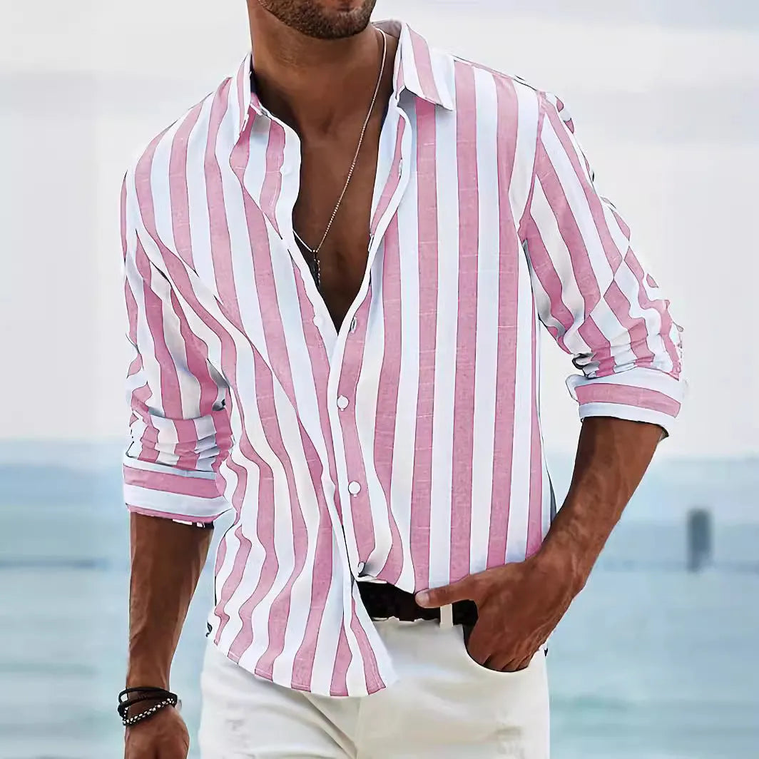 Men's yarn-dyed striped loose long-sleeved shirt in cardigan style with six colour options