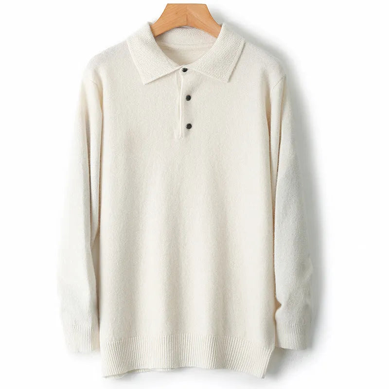 Men's polo collar woolen pullover sweater in noble blue with long sleeves and textured stitching