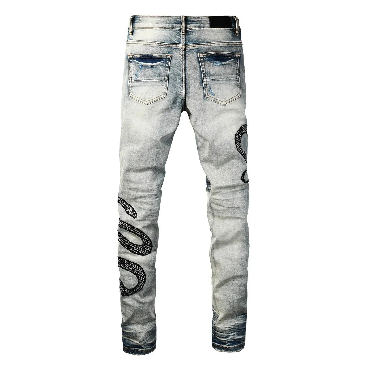 8934Blue distressed skinny jeans with button fly and mid-waist street fashion styling
