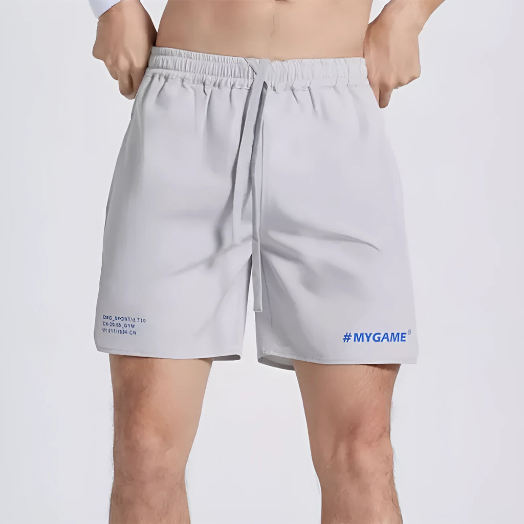 Men's fitness training shorts in a polyester and spandex blend, shown in one of four available colours.