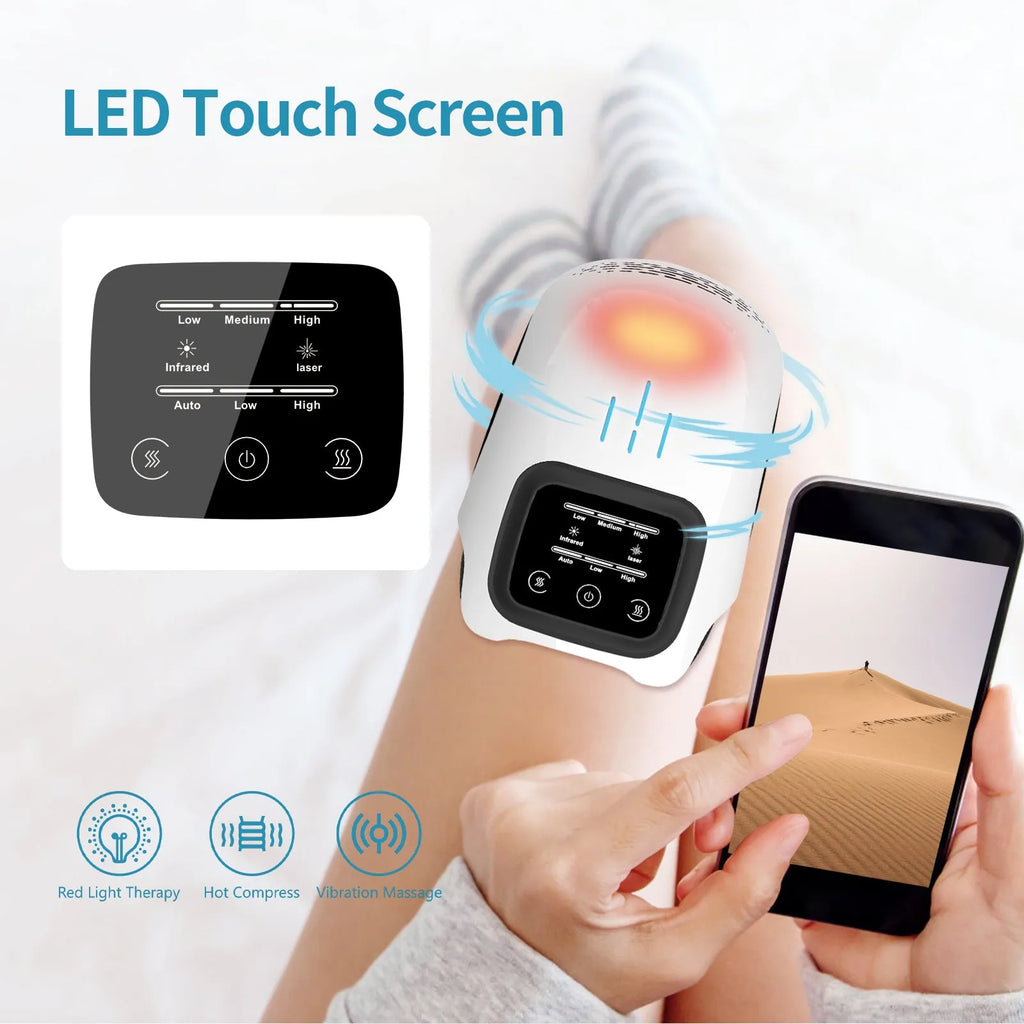 White electric knee massager unit showing controls, padding, and USB charging port.
