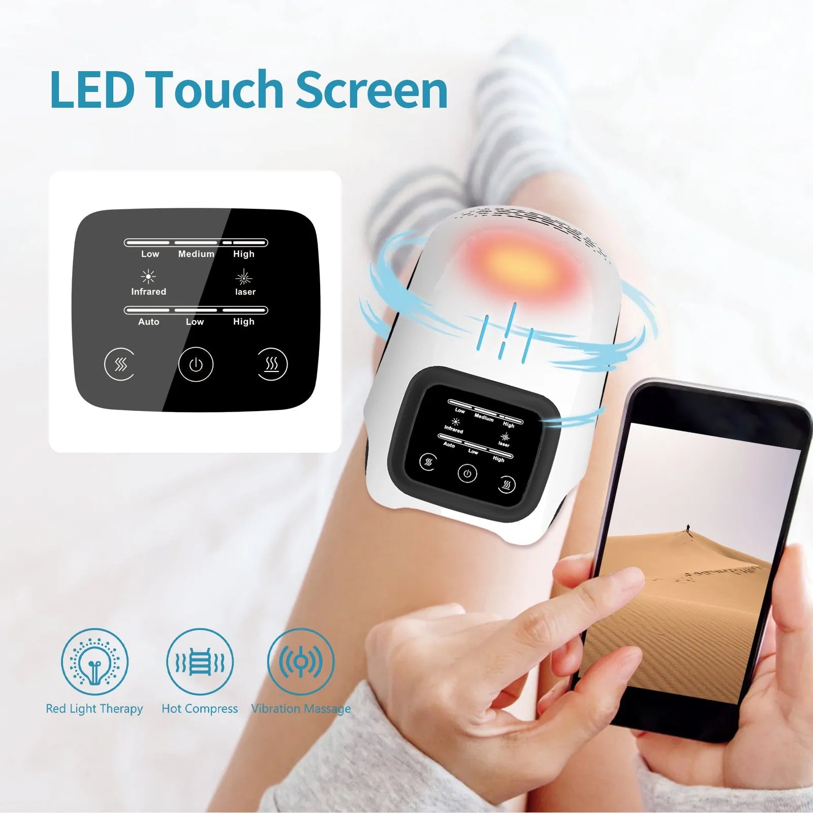 White electric knee massager unit showing controls, padding, and USB charging port.