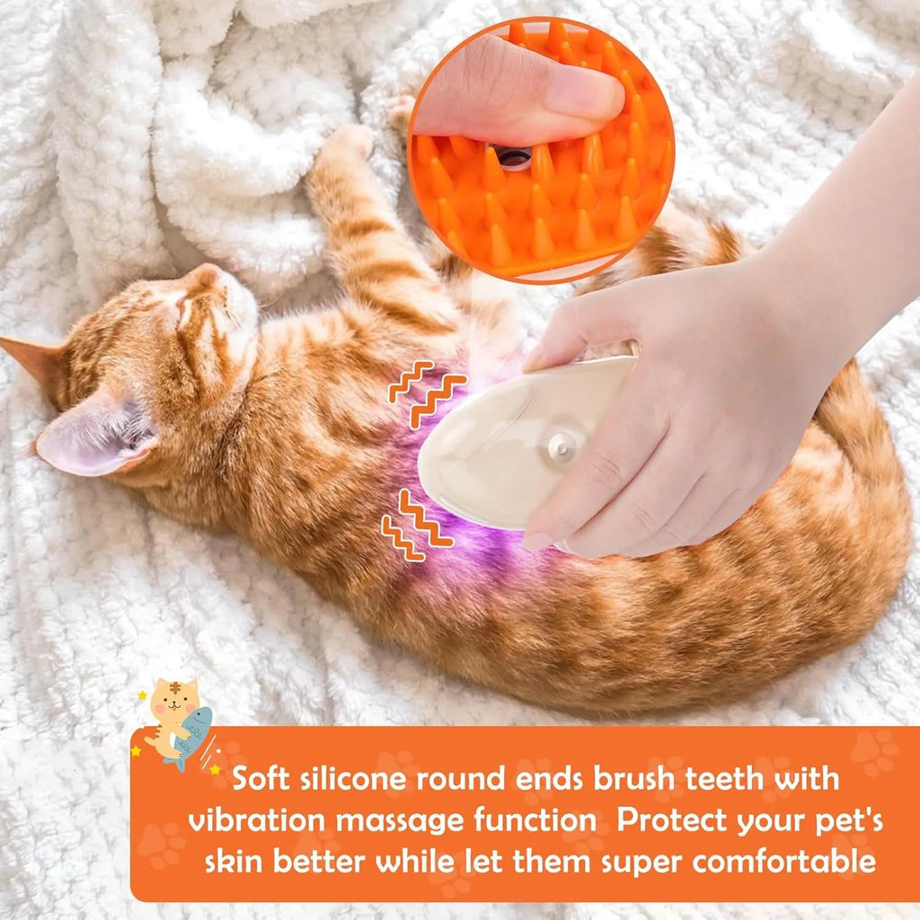 Yellow 4-in-1 cat steam brush with silicone grooming head and ringworm detector