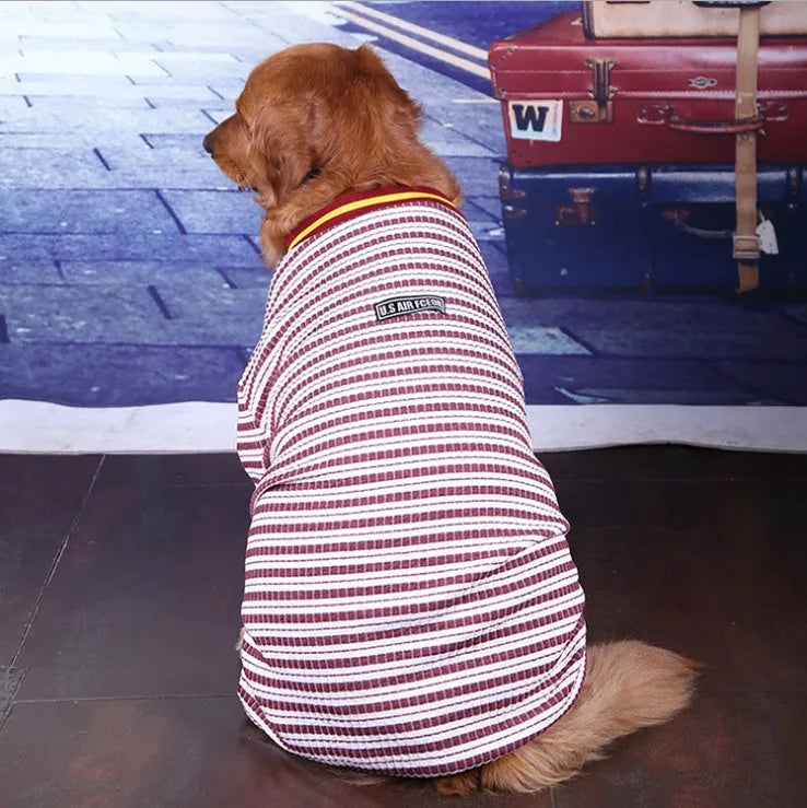 Blue cotton long sleeve bottoming shirt for medium and large dogs on a model