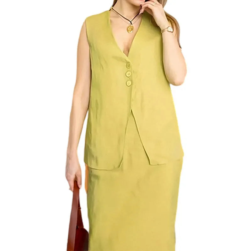 Women's casual two-piece suit with a sleeveless top and long skirt in a blue colour.