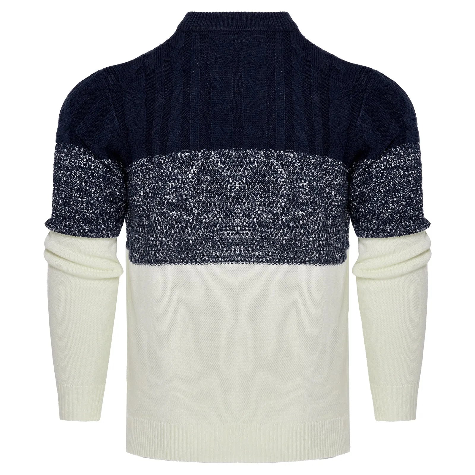 Men's grey knitted sweater with long sleeves, crew neck, and ribbed hem cuffs laid flat