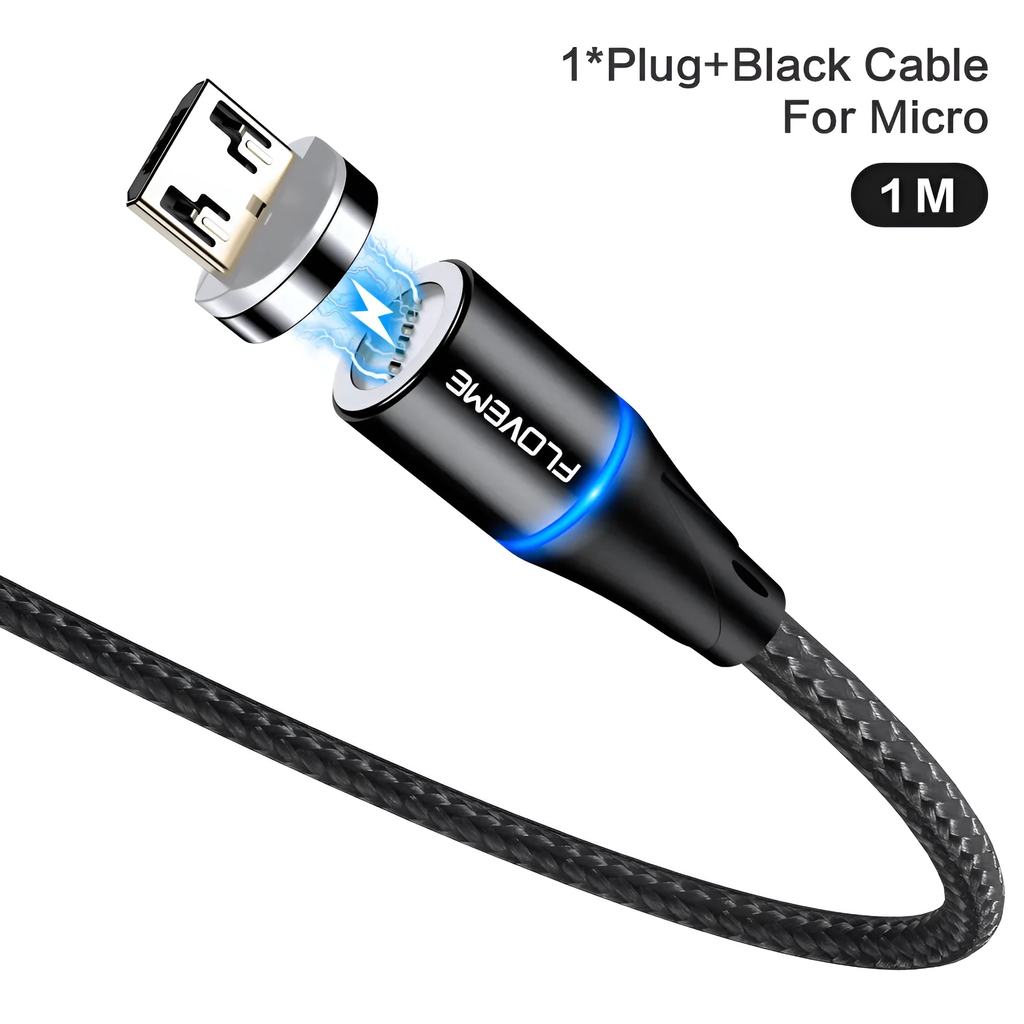 Magnetic smartphone charging cable with LED light indicator in black, available in 1m and 2m lengths