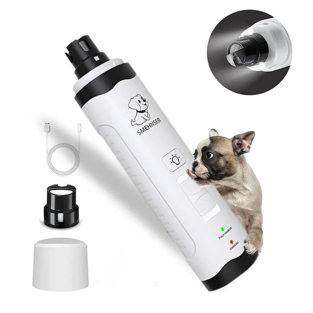 Electric dog nail trimmer with LED display showing speed settings and automatic piercing mechanism