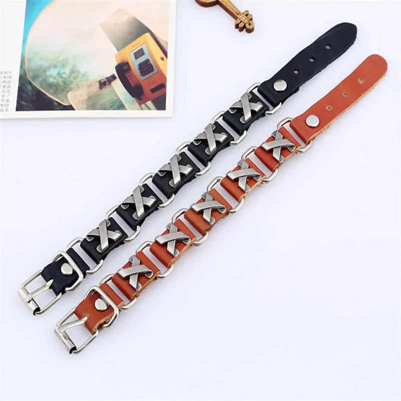Black retro handmade leather bracelet with letter connection on a neutral background