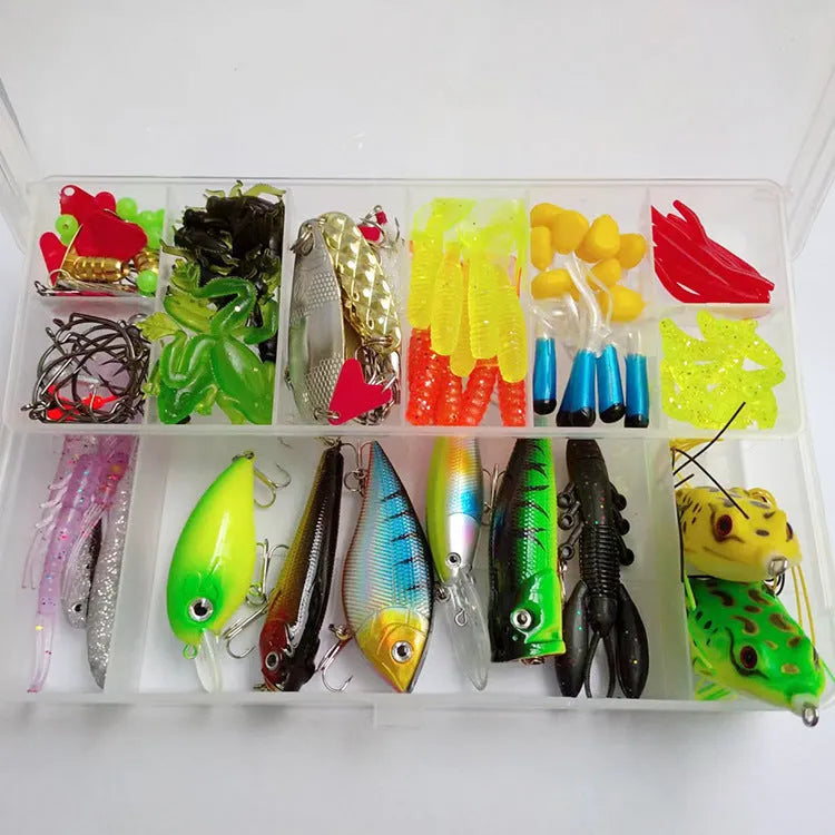 142-piece fishing lure set with hard mino sequins, metal lures, plastic bait, and fishing pliers